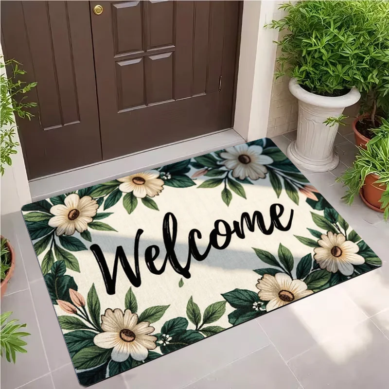 Floral botanical 2D printed welcome mat with cream flowers green leaves and cursive text for elegant commercial interiors