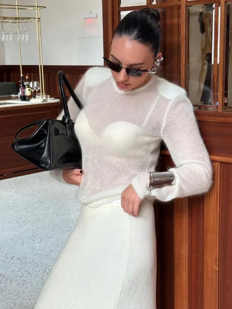 Women Solid See Through Knitted Pullover Sexy Round Neck Full Sleeve Slim Fit Thin Sweater 2025 High Street New Knitwear Fashion