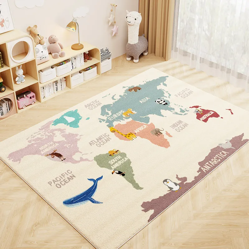VIKAMA Kids' Room World Map Rug Cartoon Animal Patterns Spark Curiosity Perfect for Play, Reading, and Activity Areas