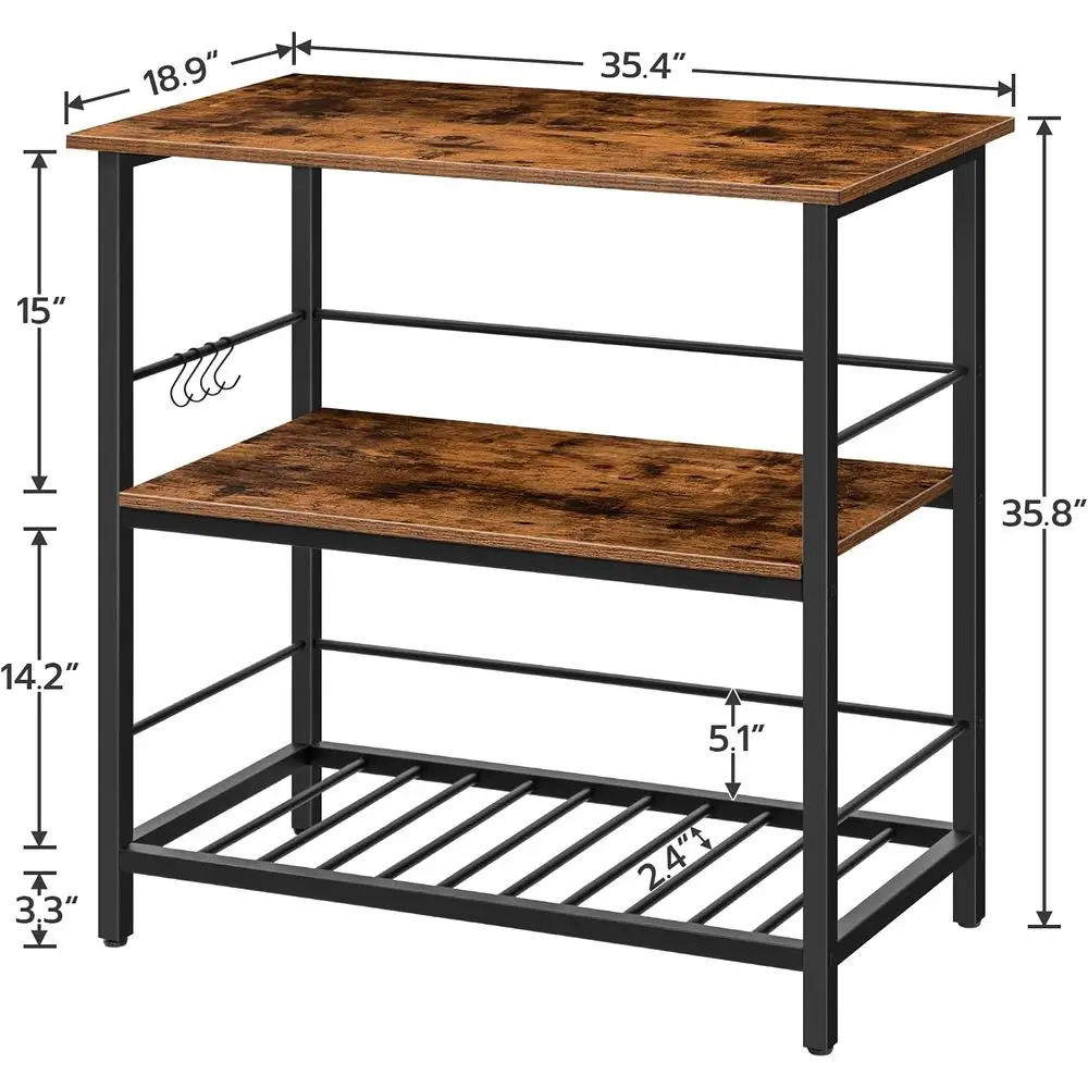 Kitchen Island with Wine Rack, Industrial Island Counter with Hooks and Protective Rails, 3 Tier Kitchen Shel with LarWorkstatio