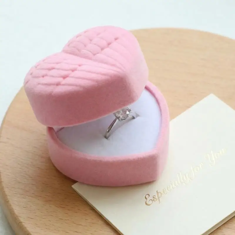

Strawberry Velvet Heart Ring Box Romantic Rose Design Flocked Case for Valentines Day Engagement