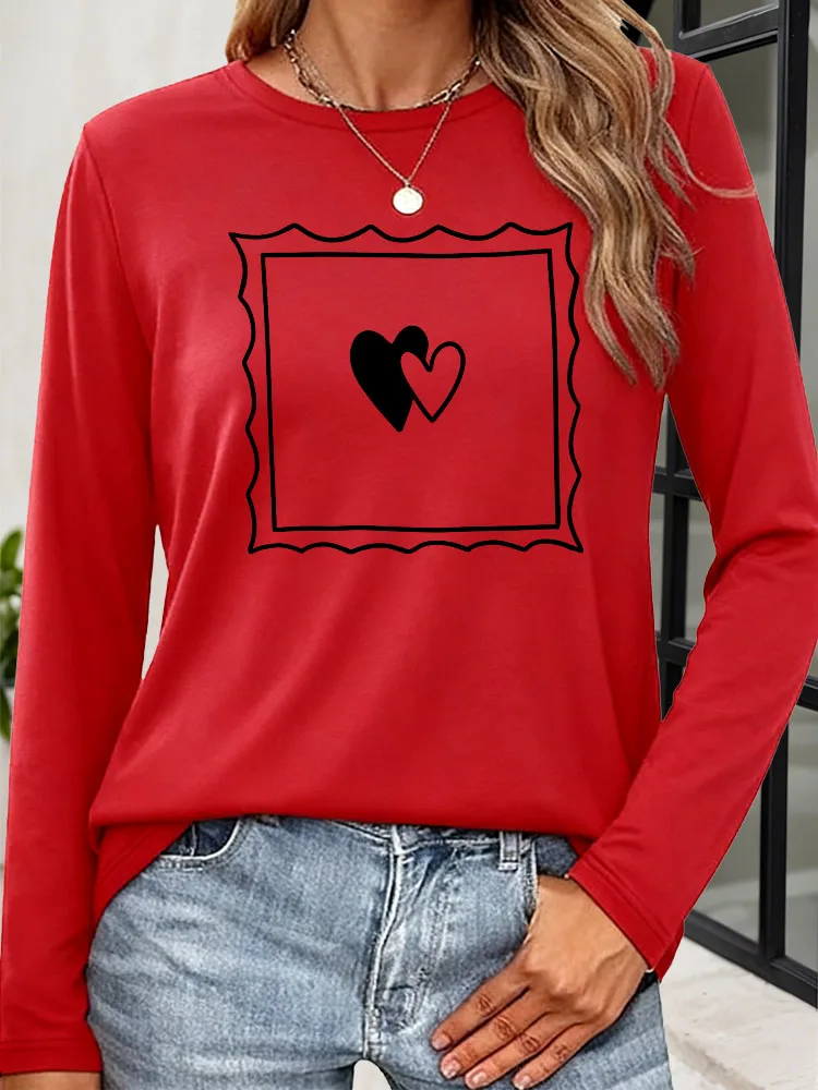 Herzförmiger Fotorahmen für Damen, lässig, bedruckt, langärmelig, T-Shirt, Rundhalsausschnitt, Top, T-Shirt, atmungsaktiver Mischungsstoff für Frühling und Herbst