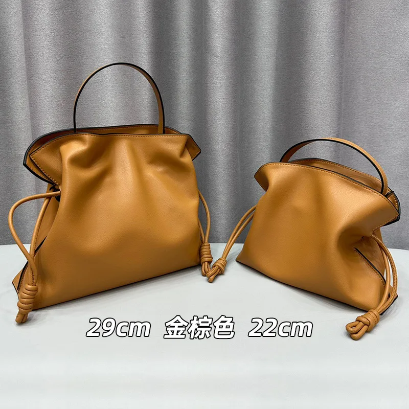 Women's Genuine Leather Handbags Luxury Designer Genuine Leather Ruffle Folding Drawstring Bucket Bag Large Capacity Shoulder Ba