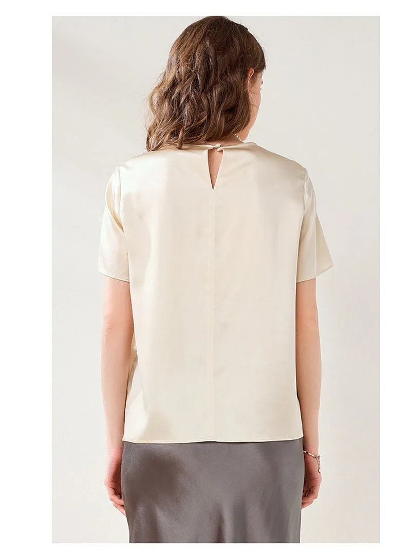 Natural Silk Women's T-shirt Spring Summer Short Sleeve Round Neck Solid Color Top Smooth and Bright High-end Women's Clothing