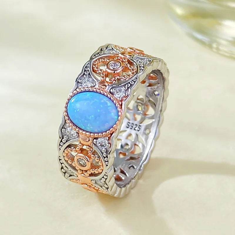 

Authentic Real S925 Silver Blue Opal Wedding Ring for Women