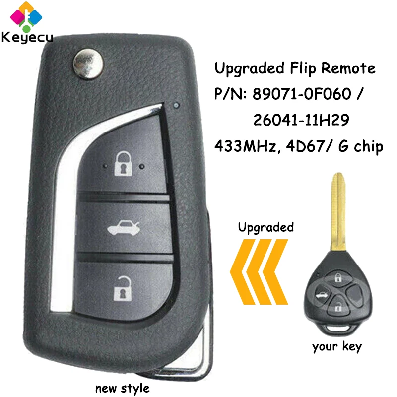 

KEYECU Upgraded Flip Remote Key With 3 Buttons 433MHz 4D67 / G Chip for Toyota Corolla Avensis Yaris Fob 26041-11H29 89071-0F060