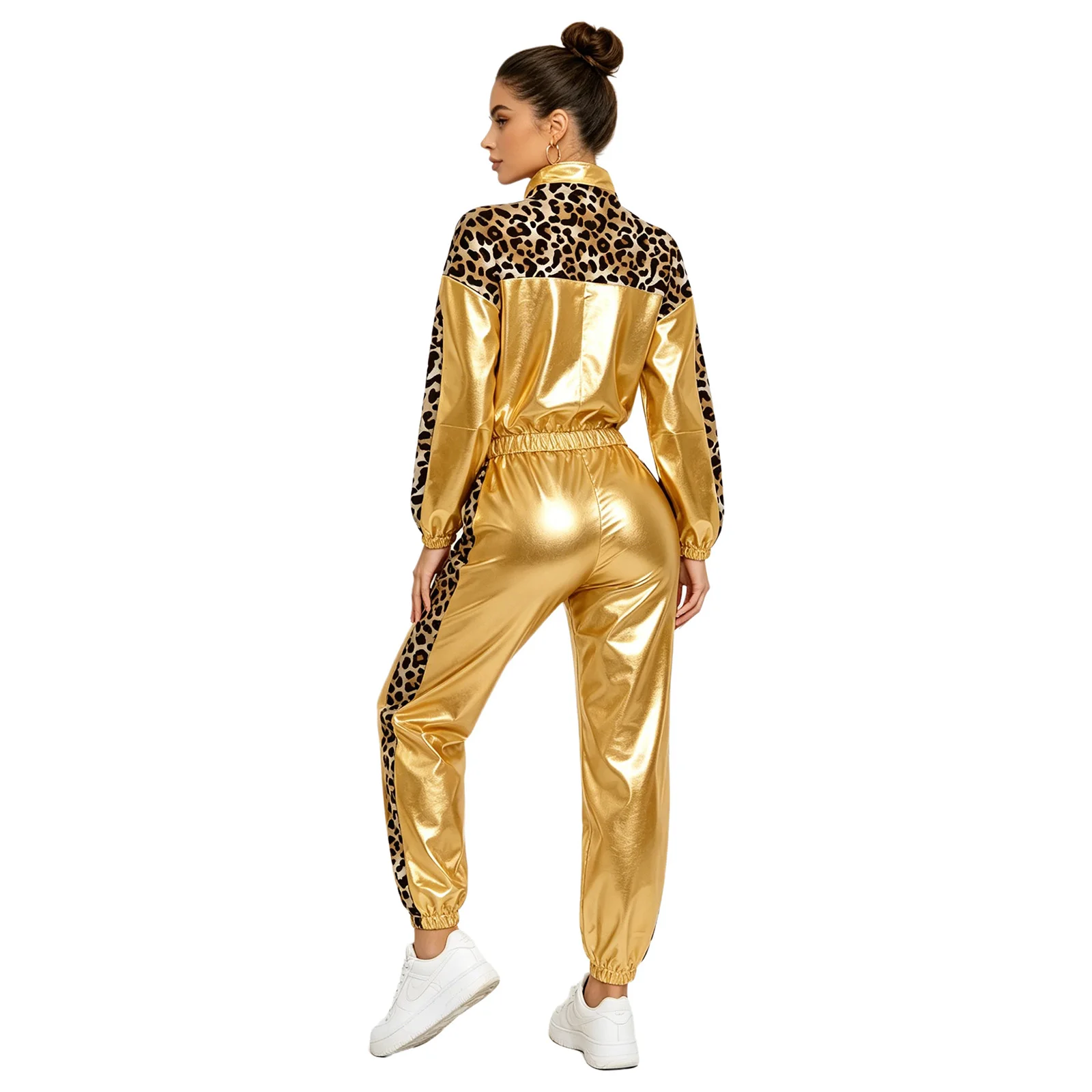 Womens 80s Disco Jazz Dance Outfit Metallic Long Sleeve Zipper Printed Jacket Outerwear And Jogging Pants Hip Hop Streetwear