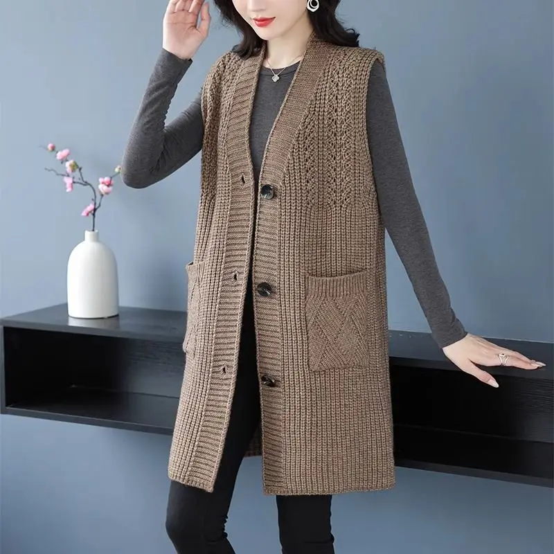 

Sleeveless Knit Vest Jacket for Women Mid-Length Knitted Cardigan Loose Plus Size for Women Sweater Single-breasted Coat New