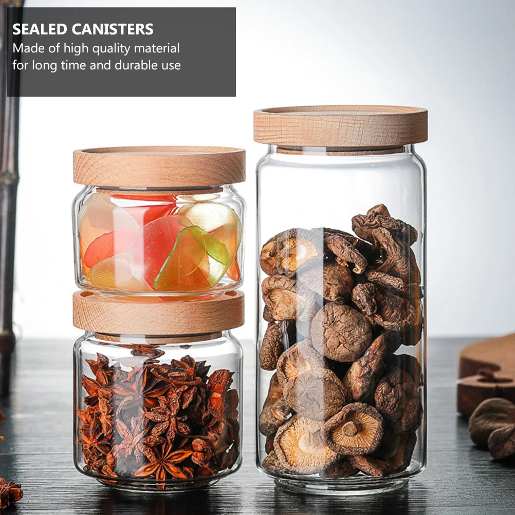 

Wooden Lid Glass Jar Food Storage Containers Sealed Canisters Clear Glass Teas C ies Grains Kitchen Seasoning Dust Moist Proof