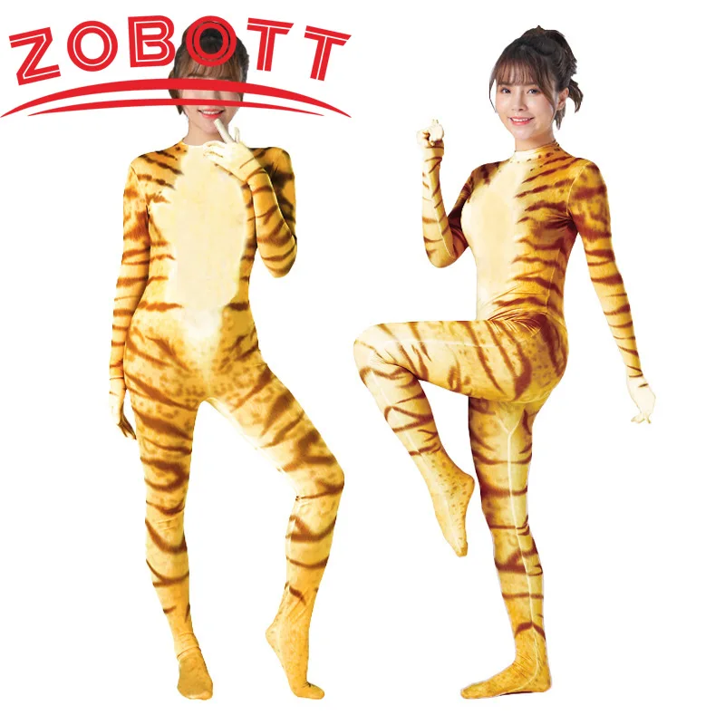 Sexy Aimal Print Bodysuit Women Cat Jumpsuit Catsuit With Gloves Rave Club Slim Bodycon Zentai Suit Halloween Cosplay Costume