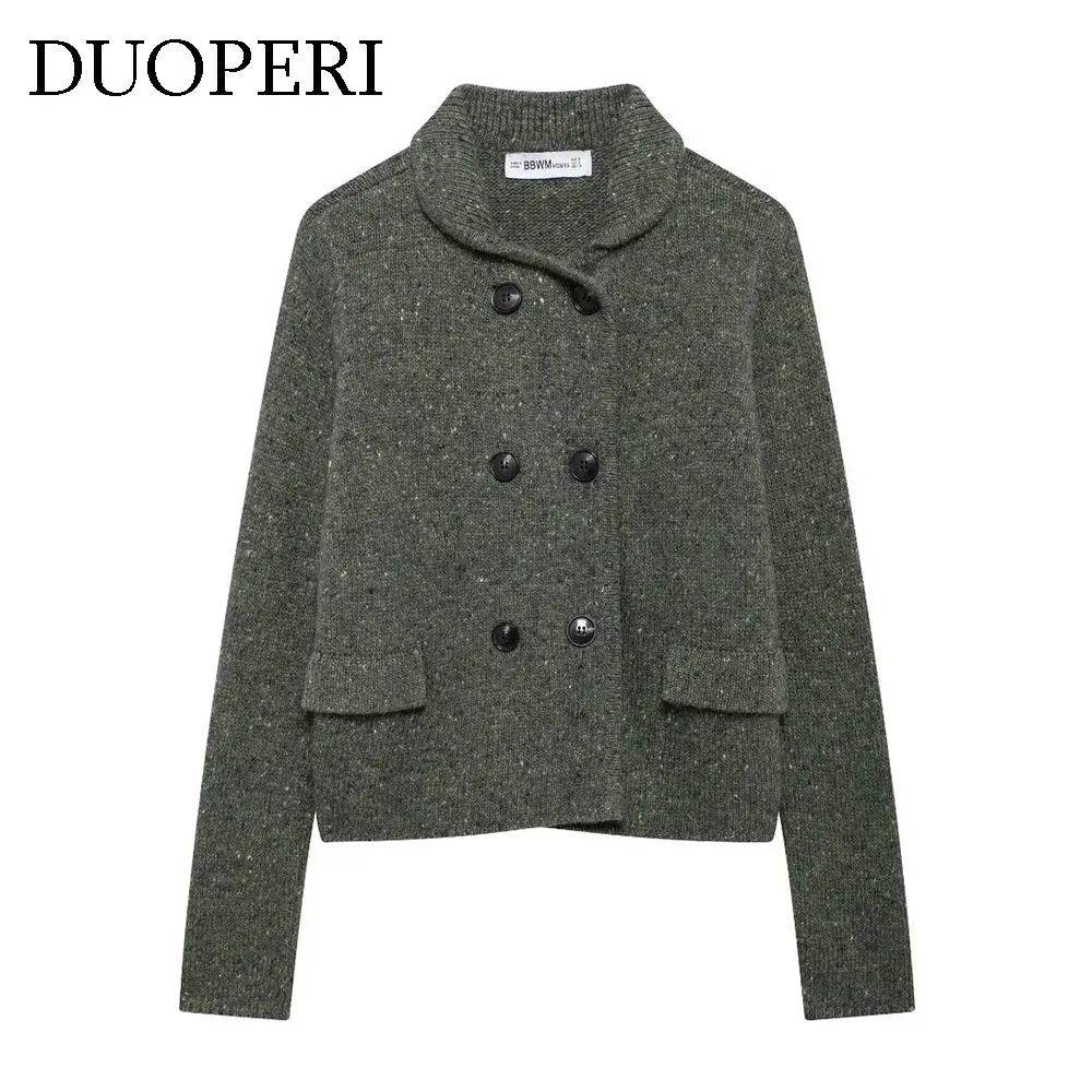 DUOPERI Women Cardigan Fashion Army Green Knitted Sweater Lapel Neck Long Sleeves Double Breasted Female Chic Lady Outfits