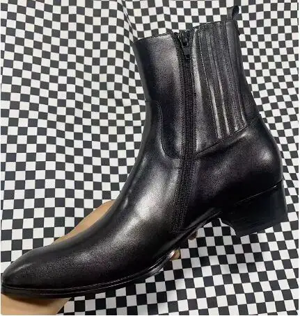 New Size 46 Man Fashion Black Solid Genuine Leather Zipper Side Pointed Toe Med Heels Short Boots High Top Ankle Boots Shoes