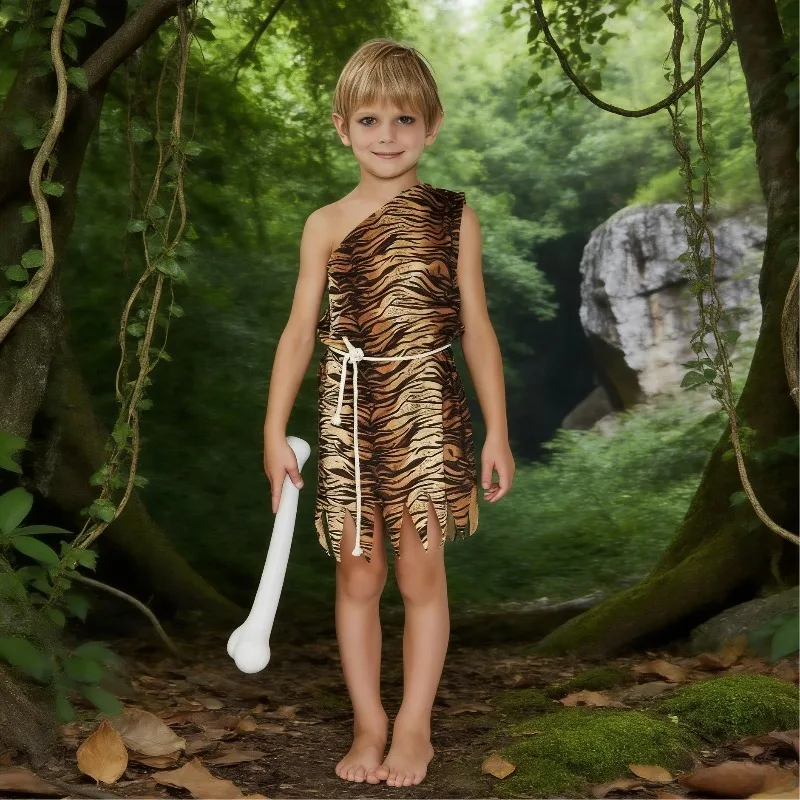 

Boys Indian Cosplay Costume Primitive Society Savage Roleplay Leopard Print Outfit Prop for Halloween Stage Performance Dress up