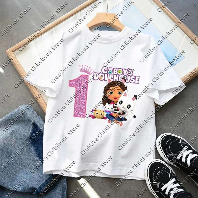 Gabby Dollhouse Kids Cotton T-Shirt Anime Cartoon Numbers Printed Pullover Boys Girls Summer Loose Top Casual Clothes Gifts New