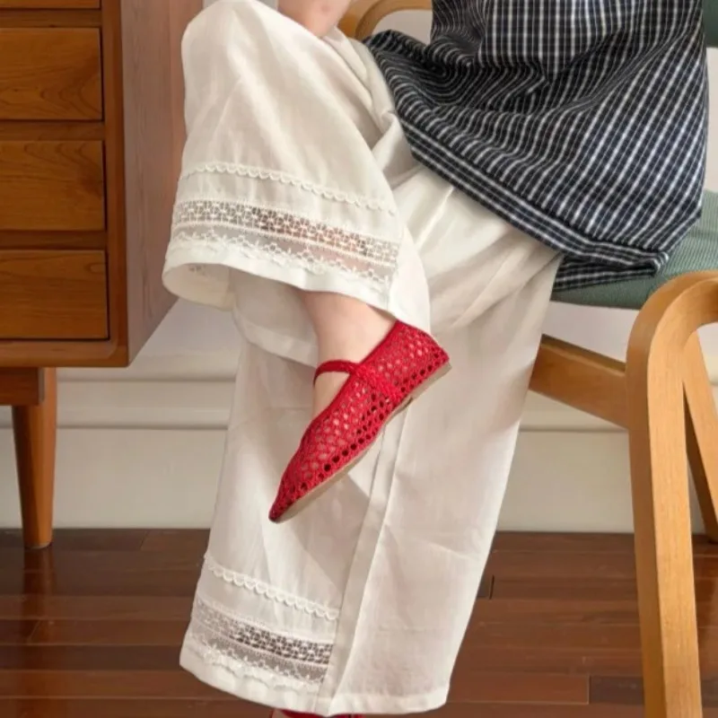 Girls Loose Solid Linen Lace Wide Leg Pants Girls Casual Pants 2026 Summer New Lace Hollow Straight Leg Pants