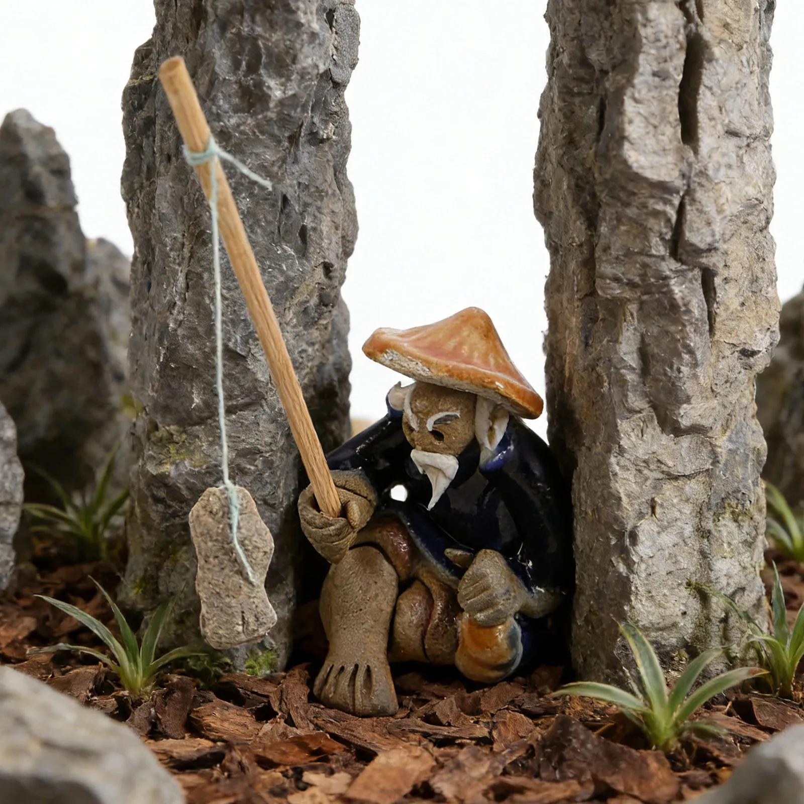 Bonsai Garden Landscape Design - Mini Ceramic Fisherman Sculpture Sitting Design