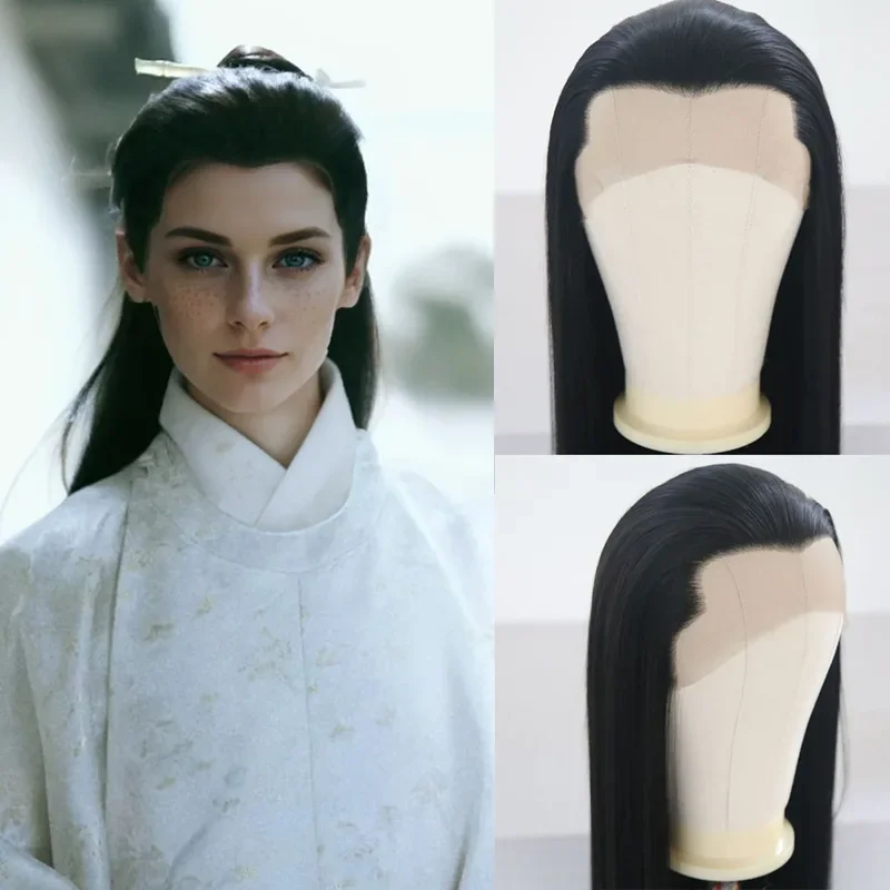 RONGDUOYI Cosplay Wig White Synthetic Lace Front Wigs For Women Or Men Use Long Straight Hair Black Silky Straight Natural Daily