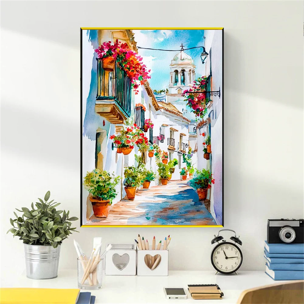 

Estepona watercolor poster Spain travel print wall art modern home decor gift Andalusian flower city beach wall hanging