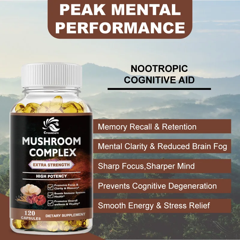 Greensure Mushroom Complex Capsules for Memory Cognitive Immune Health Support Liver Kidney Function Relief Stress