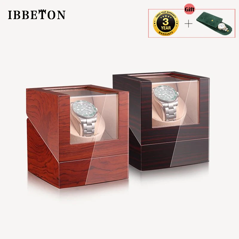 IBBETON Brand Single Watch Winder Battery Wooden Shaker Watch Box Automatic Winder Glass Storage Case Mabuchi Mute Motro