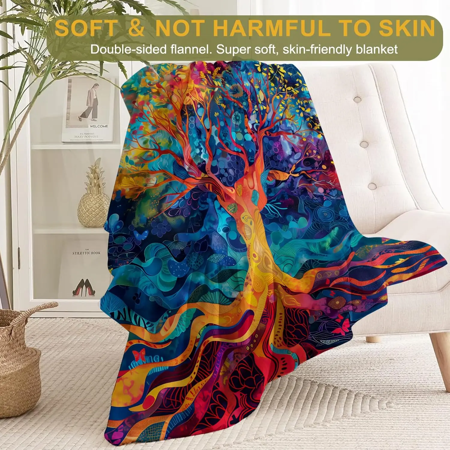 Tree of life blanket colorful abstract design vibrant art pattern soft throw boho decor bedroom textile spiritual accessory