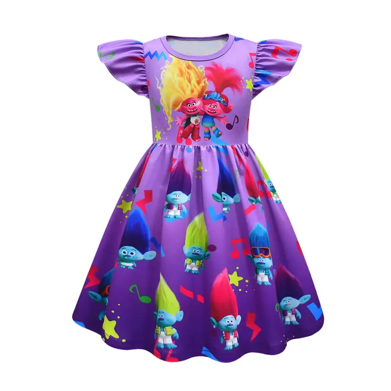 Trolls 3 Dress For Girl Cartoon Costume Summer Kid Print Beach Casual Frock Children Tunic Clothes