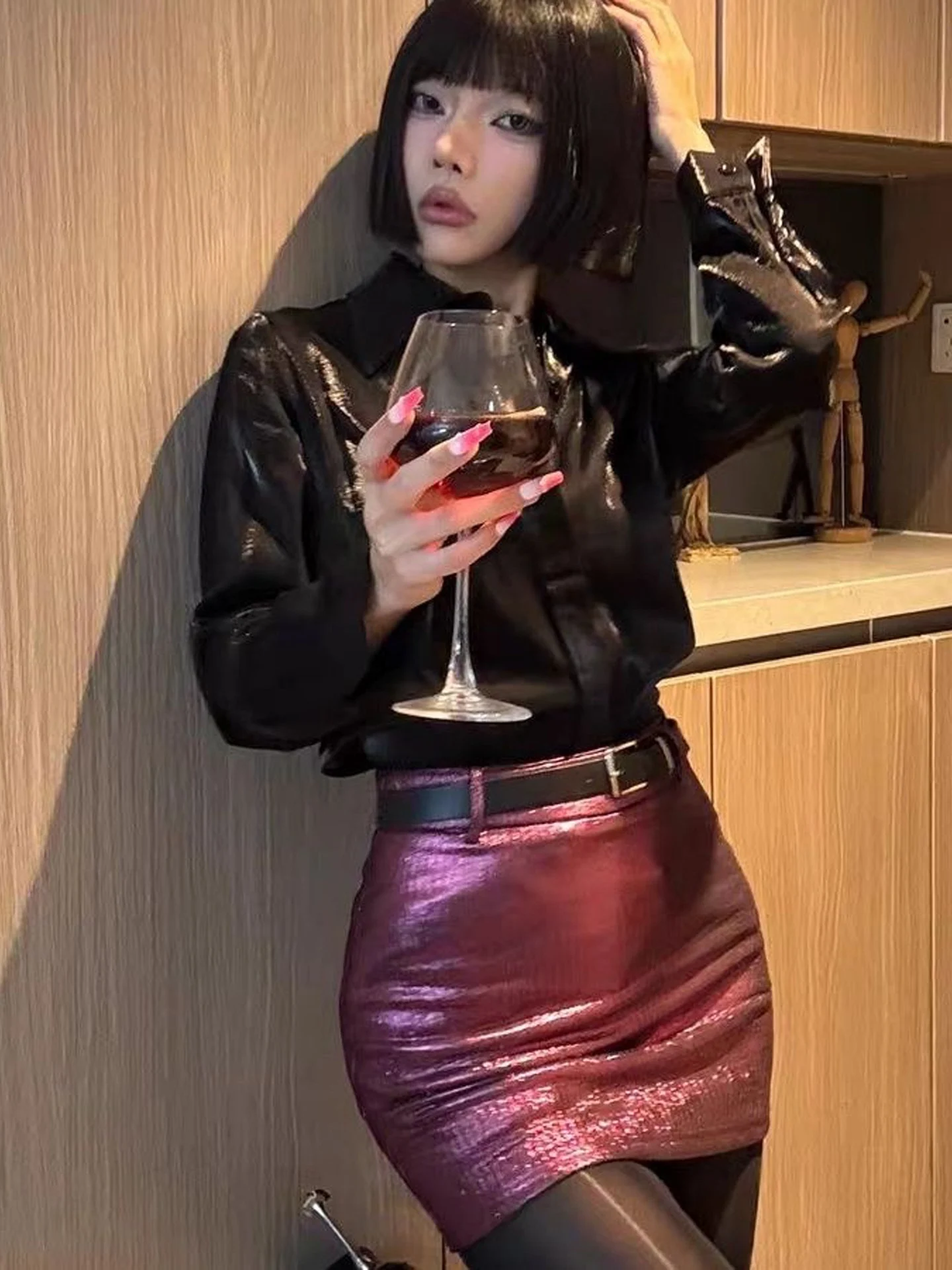 Sexy American Hot Girl A-Line  Skirt Bright Surface Women's Slim Fit One-Step Skirt High Waist Commute Style Autumn New A...