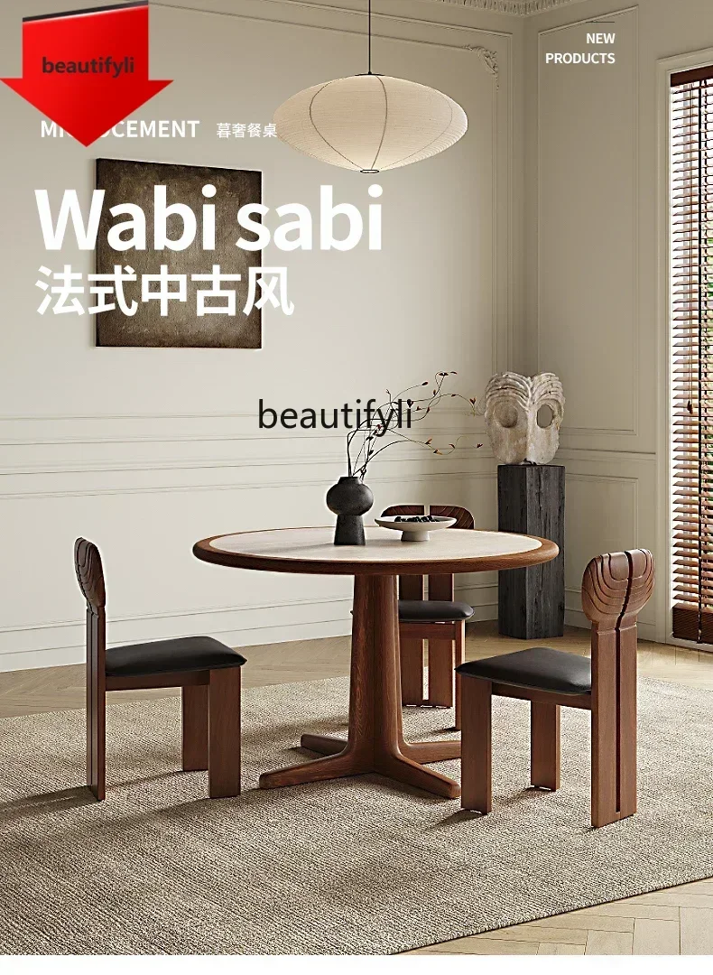 Q181 lbFrench retro travertine rock slab solid wood inlaid dining table round dining table designer dining table
