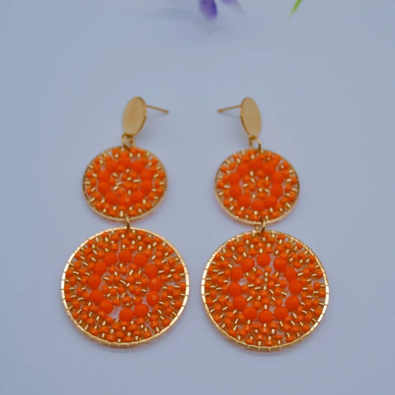 Beaded earrings Roundness Orange Sunflower Individuality Bohemia Hollow out Fashion Hand knitting Simple  Rice bead earrings