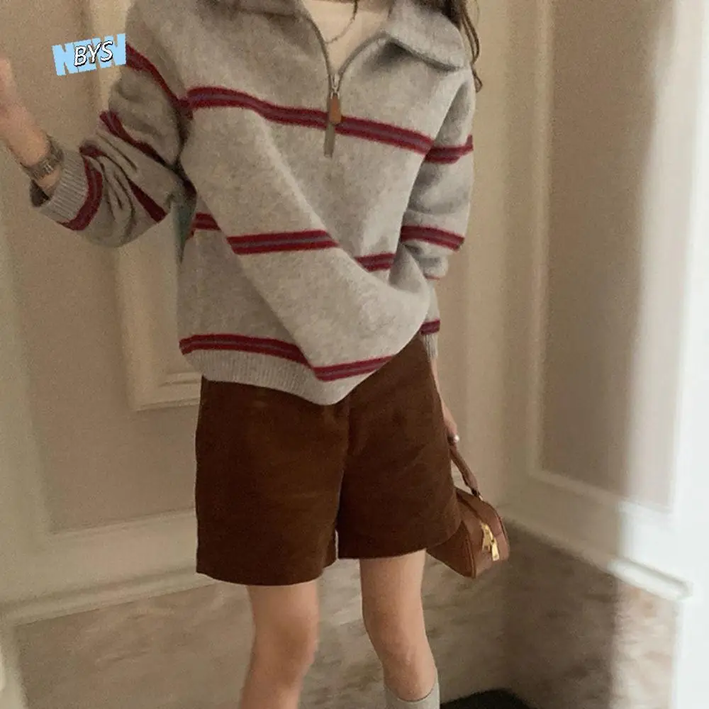 

Вязаная толстовка в полоску с длинными рукавами в корейском стиле, осенний повседневный вязаный крючком свитер, свободный милый пуловер для девочек