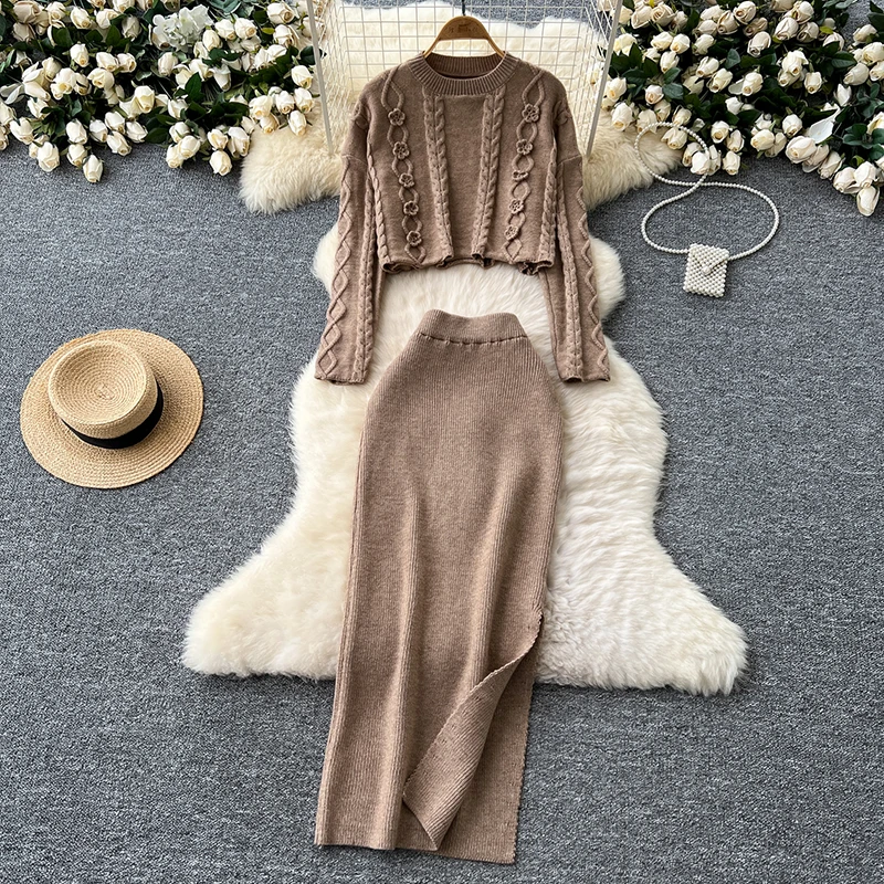 Autumn Knitted Knit Sweater 2 Piece Set Women Fashion Round Neck Long Sleeved Top＋High Waist Split Skirt Knitted Two-piece Set