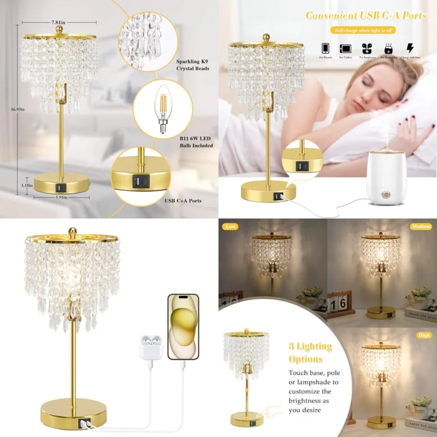 

Touch Control Crystal Table Lamp with USB C+A Ports, 3-Way Dimmable Lamp, Bedside Light with Crystal Shade, Girls Lamp for Bedr