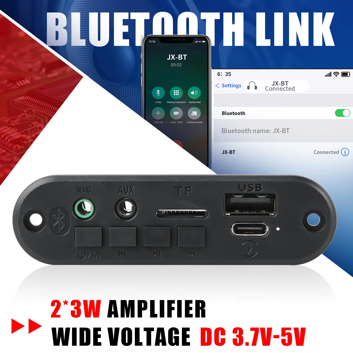 Wzmacniacz DC 5V 6W Dekoder MP3 Płytka 3,5 mm Mikrofon Bluetooth Zestaw głośnomówiący Samochodowy odtwarzacz MP3 TF AUX USB Nagrywanie Radio FM do telefonu