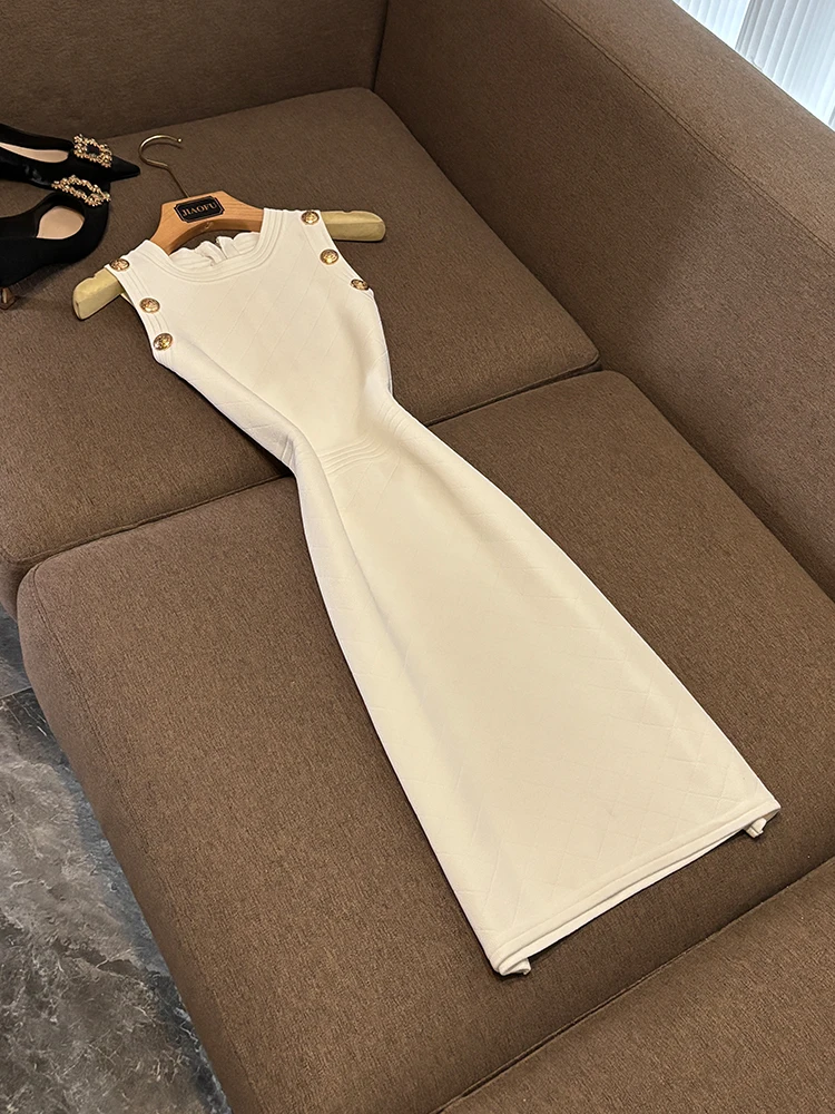 Outono inverno novo sle svel botão elástico de malha comprimento médio bodycon camada base outerwear versátil feminino dr