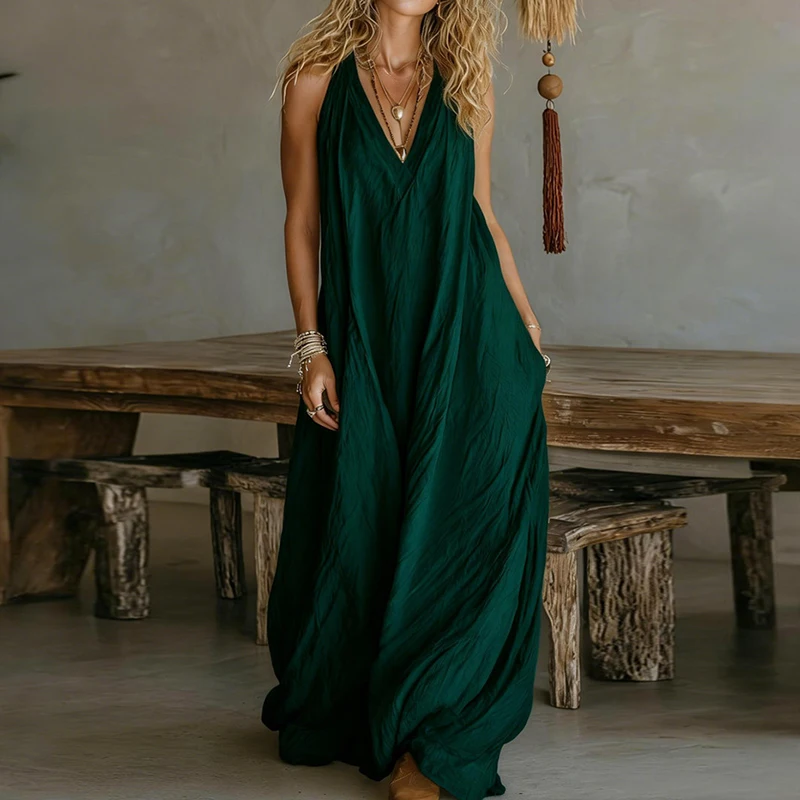 

Casual Sleeveless Hollow Holiday Jumpsuit 2026 Fashion High Street Wide Leg Playsuits Simple Solid Color V-neck Summer Rompers