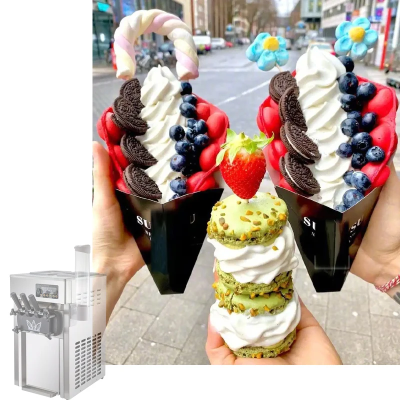 

220 В/110 В маленькая машина для мороженого, трехцветная машина для мороженого, коммерческая настольная машина для замораживания мороженого из нержавеющей стали, 1200 Вт