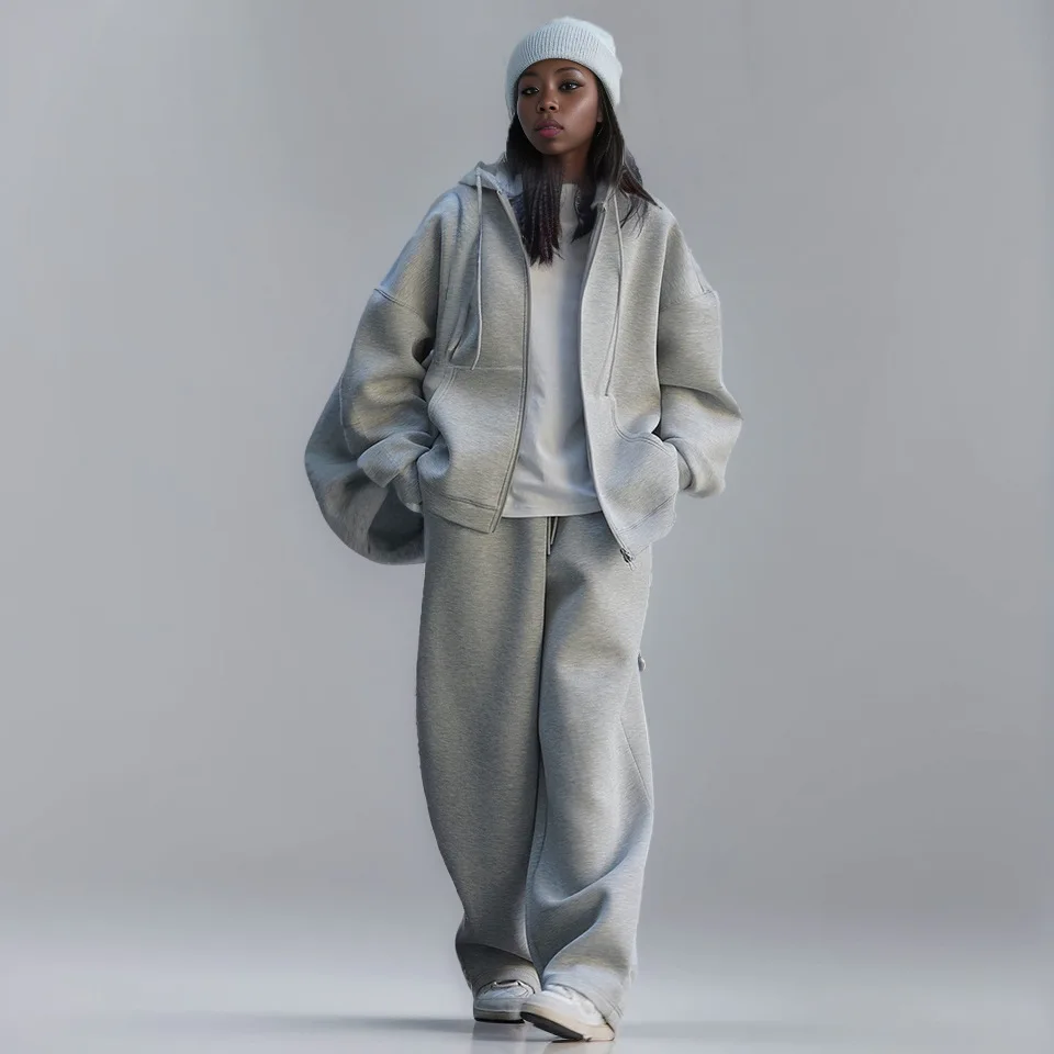 Sports silhouette air layer hoodie suit Women's casual zipper coat + drawstring wide-leg pants two-piece set