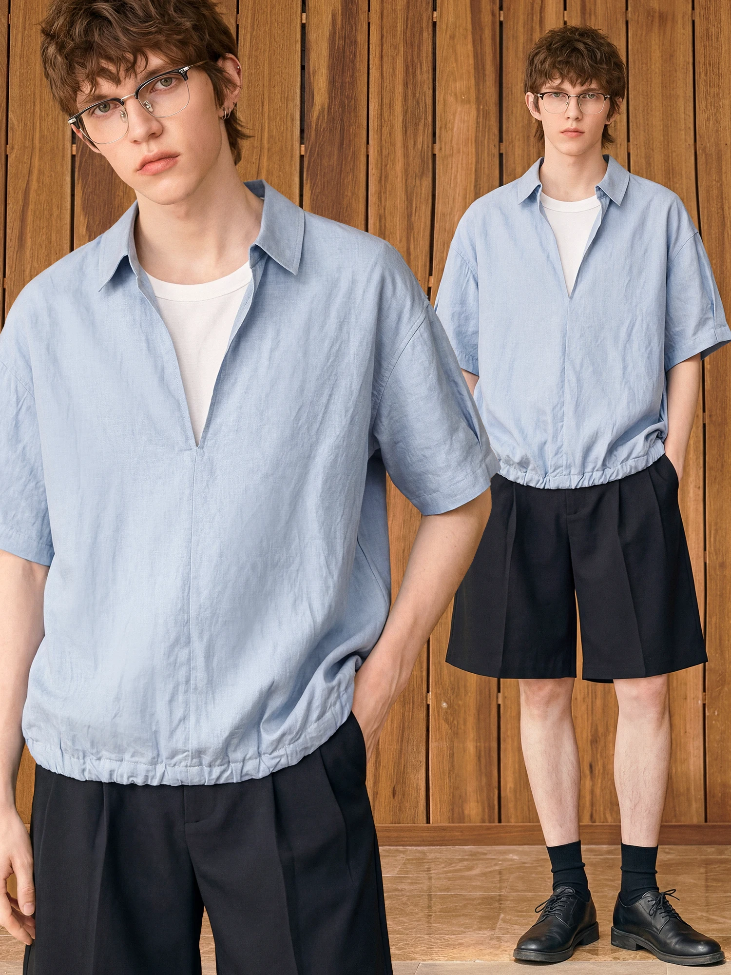 Loose Fit Men's Short Sleeve Shirt Breathable Thin Fake Two-Piece Crew Neck Casual Style Regular Length Pure Color Summer Shirt