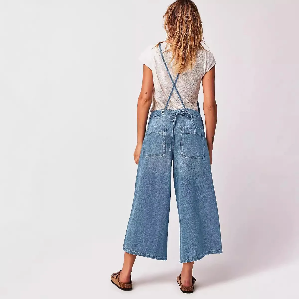 Pocket Wide Leg Jeans Commuter with Camisole Jumpsuit Slightly Stretchy Jacket Three Quarter Length Pants Overalls for Women