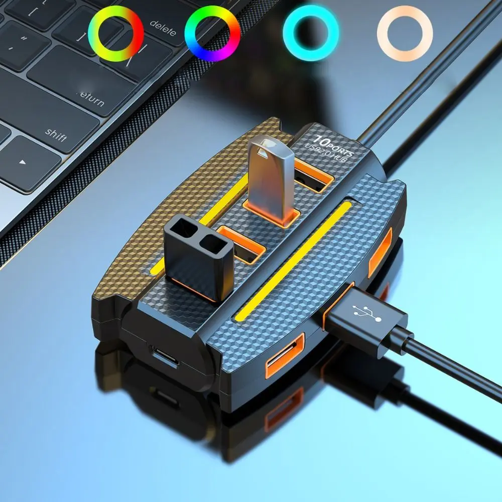 10 Ports USB 2.0 Splitter Multiple Expander USB Adapter Hub 5Gbps High Speed With RGB Light USB Docking Station