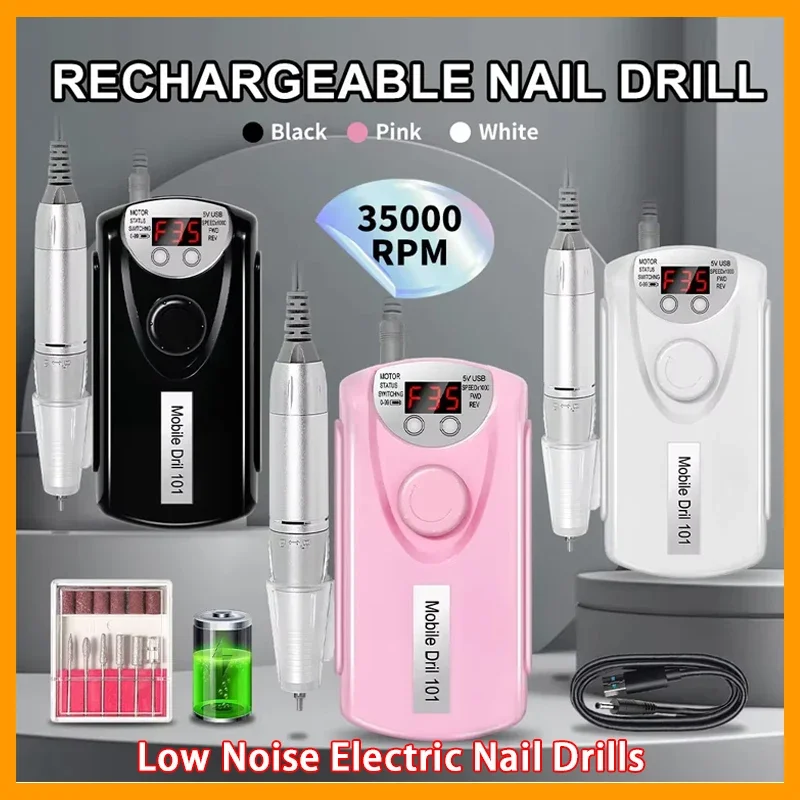

35000RPM Nail Drill Machine for Nails Rechargeable Manicure Low Noise Professional Electric Nail Drills Motor Polishe Sander