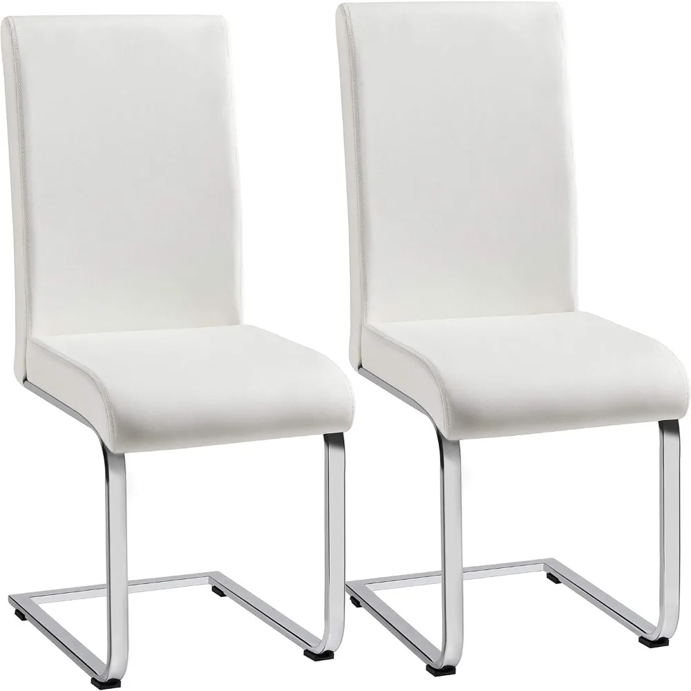 

Set of 2 Modern Dining Chairs, High Back Faux Leather, Upholstered Armless, Metal Legs for Kitchen and Dining Room