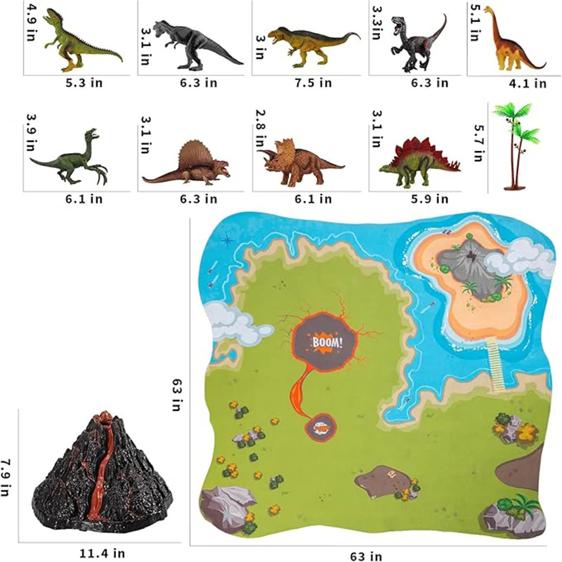 TEMI Dinosaur Toys With Volcano For Kids 3-5. Realistic Figures & Large Play Mat. Gift For Preschool Toddlers. Size 63x63 in.