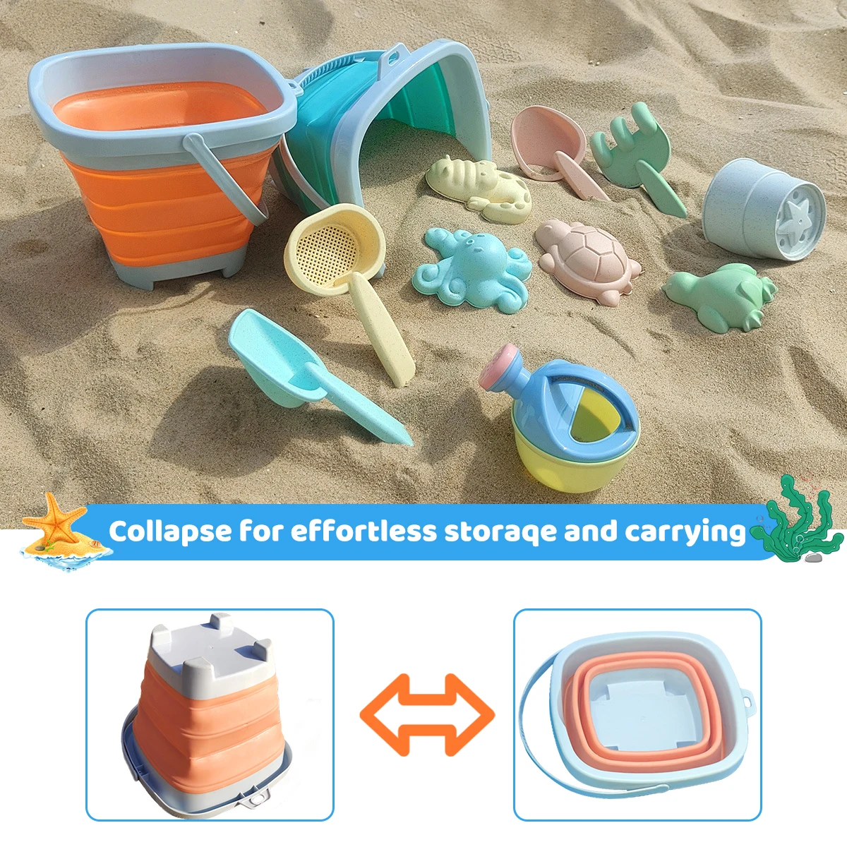 Conjunto de brinquedos de praia para crianças, brinquedos sandbox, balde dobrável, pá e ancinho, moldes de areia para crianças, verão ao ar livre