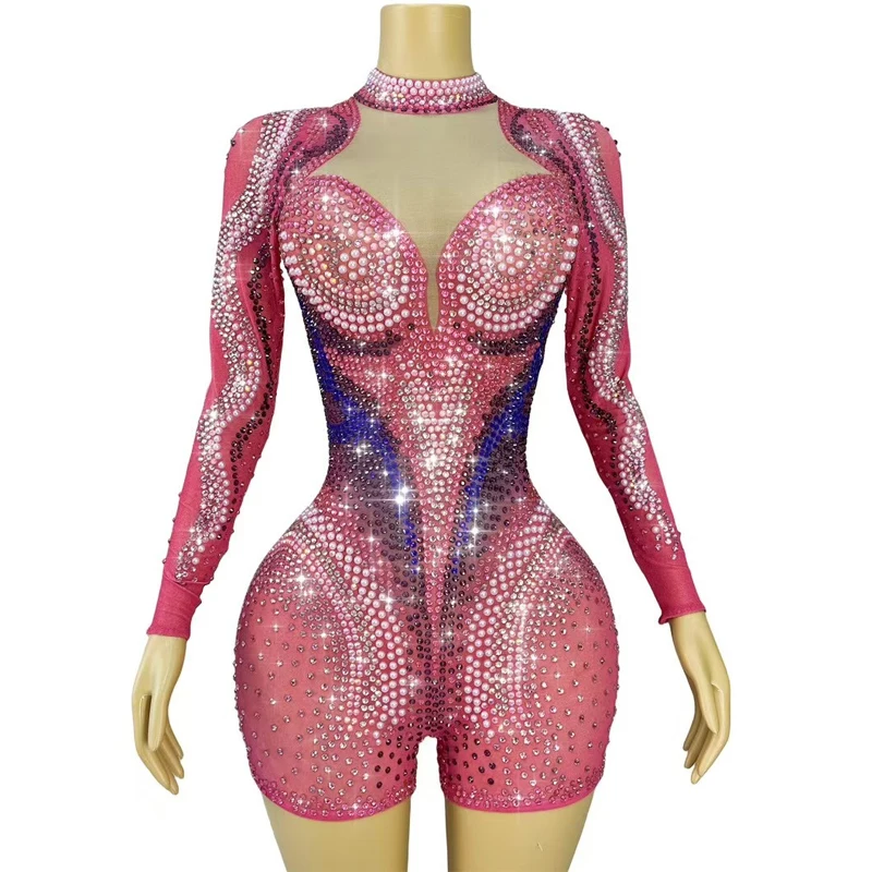 Kostium Gogo Dancer na Halloween, strój sceniczny dla kobiet, różowy kombinezon z dżetami do tańca jazzowego, odzież do baru i klubu nocnego XS10341