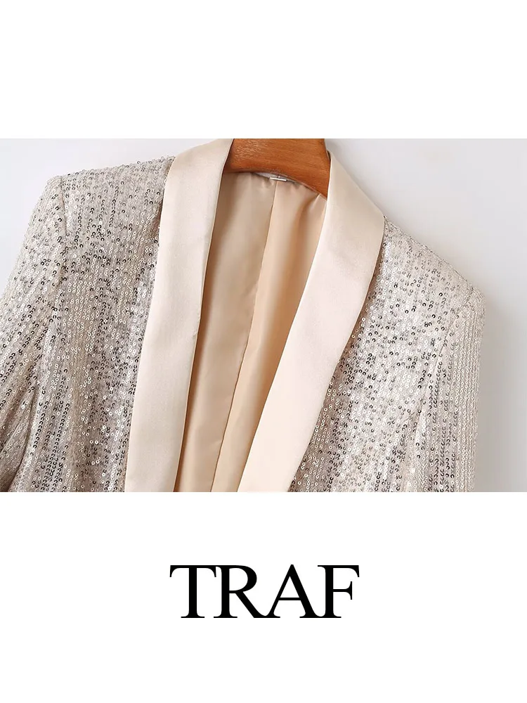 TRAF 2024 Women\'s Fashion Sequined Blazer Coat Loose Long Sleeve Single Buttons Solid Color Pockets Female Casual Elegant Coats