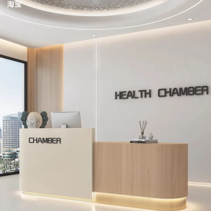 مكاتب استقبال ذات تصميم بسيط، شركة جمالية بسيطة، أرفف مكاتب حديثة لصالونات التجميل، مكتب ترحيب، أثاث تجاري