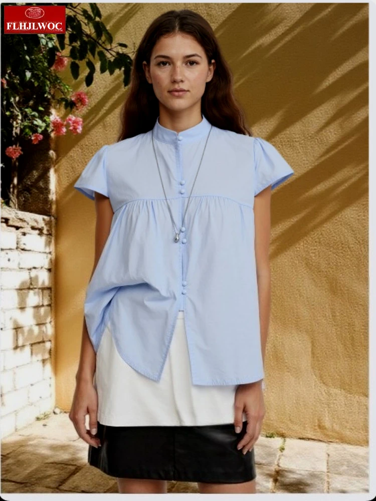 

Cotton Tops Blouses New Fashion Women Cute Sweet Girls Solid Blue Japanese Style Stand Collar Retro Vintage Button Basics Shirts