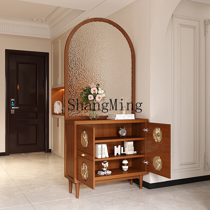 HJ medieval household solid wood water pattern glass entrance door screen partition living room entrance shoe cabinet
