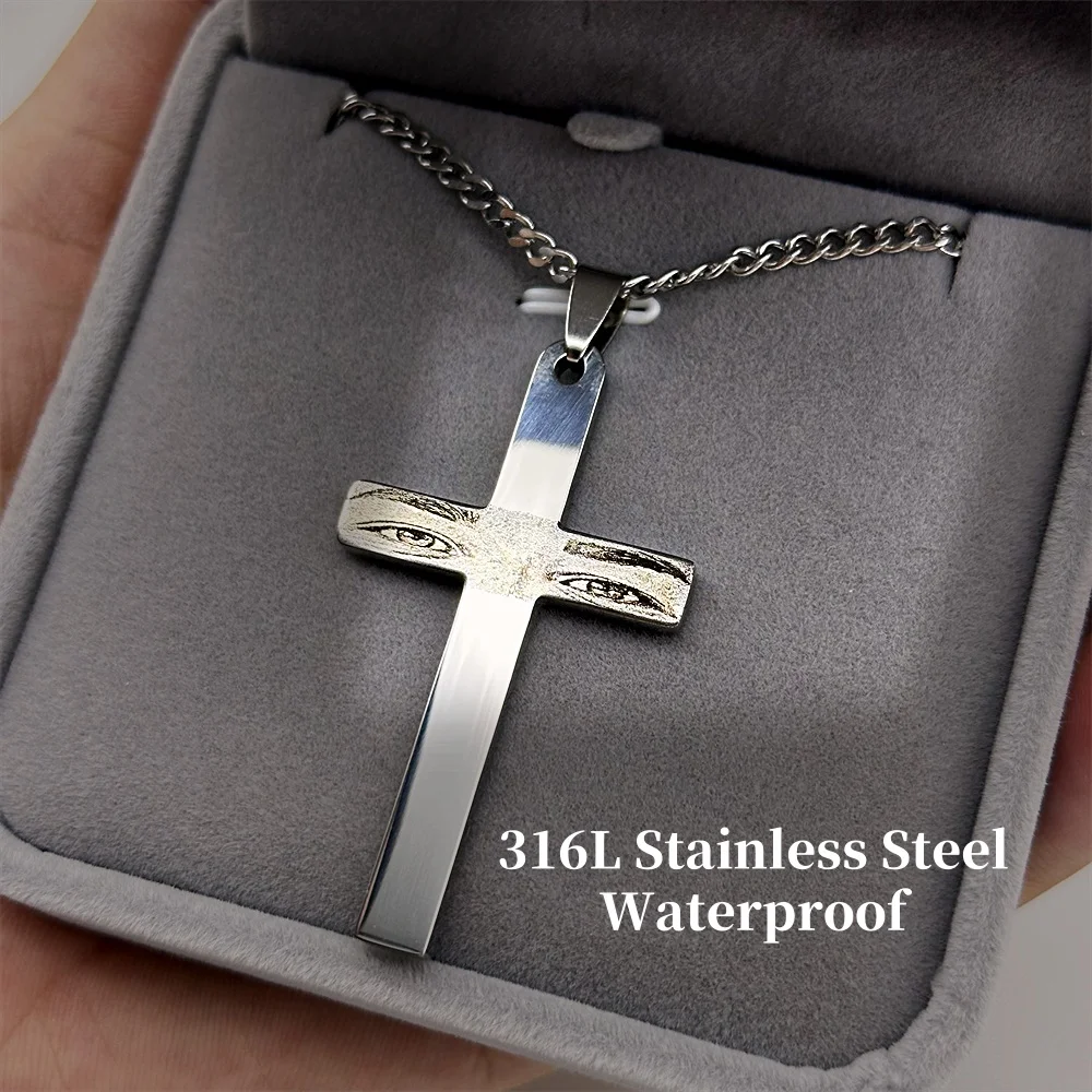 1 Piece Custom Eye's Photo Necklace 316L Stainless Steel Cross Pendant Laser Engraving Name Necklace For Man Women Gifts